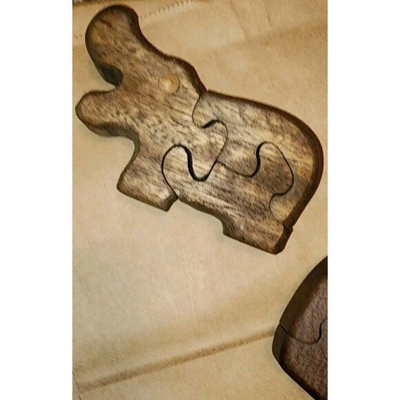 Vintage 3D Wooden Puzzle Hippo, Bear, And Elephant - Picture 3 of 4